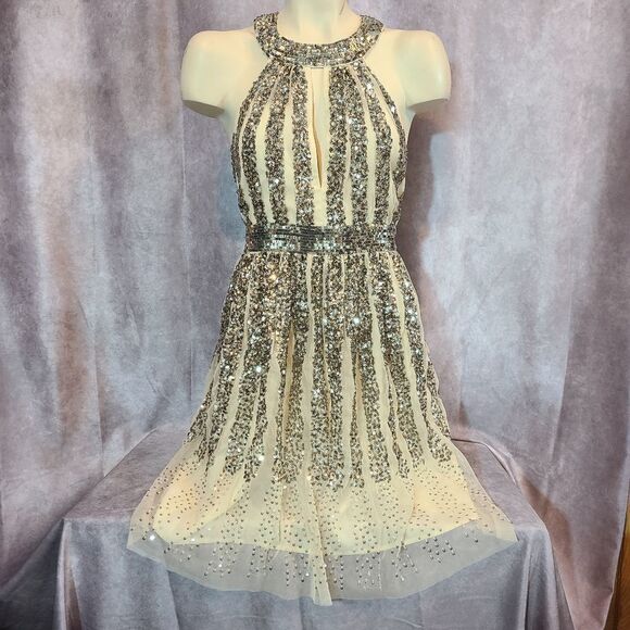 French Connection Aello Sequin Halter Neck Dress, Size 10 in Gold Gunmetal - Picture 2 of 7